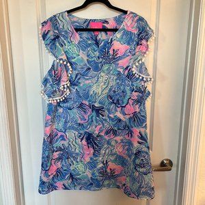 Lilly Pultizer Linen V Neck Shift Dress with Pom Pom Flutter Sleeve, Size XL